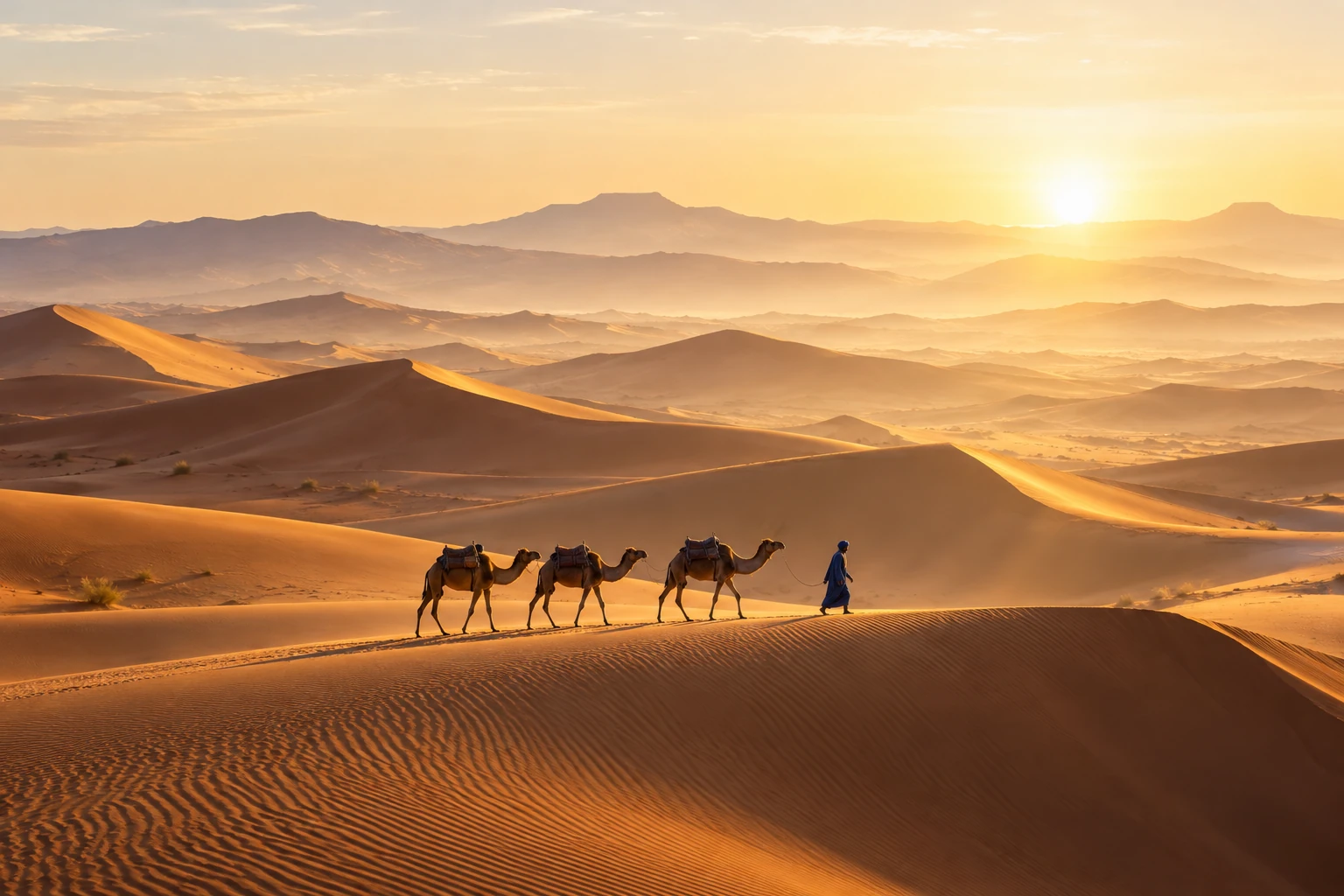 Illustrative Moroccan Sahara scene with a guide and three camels at dawn