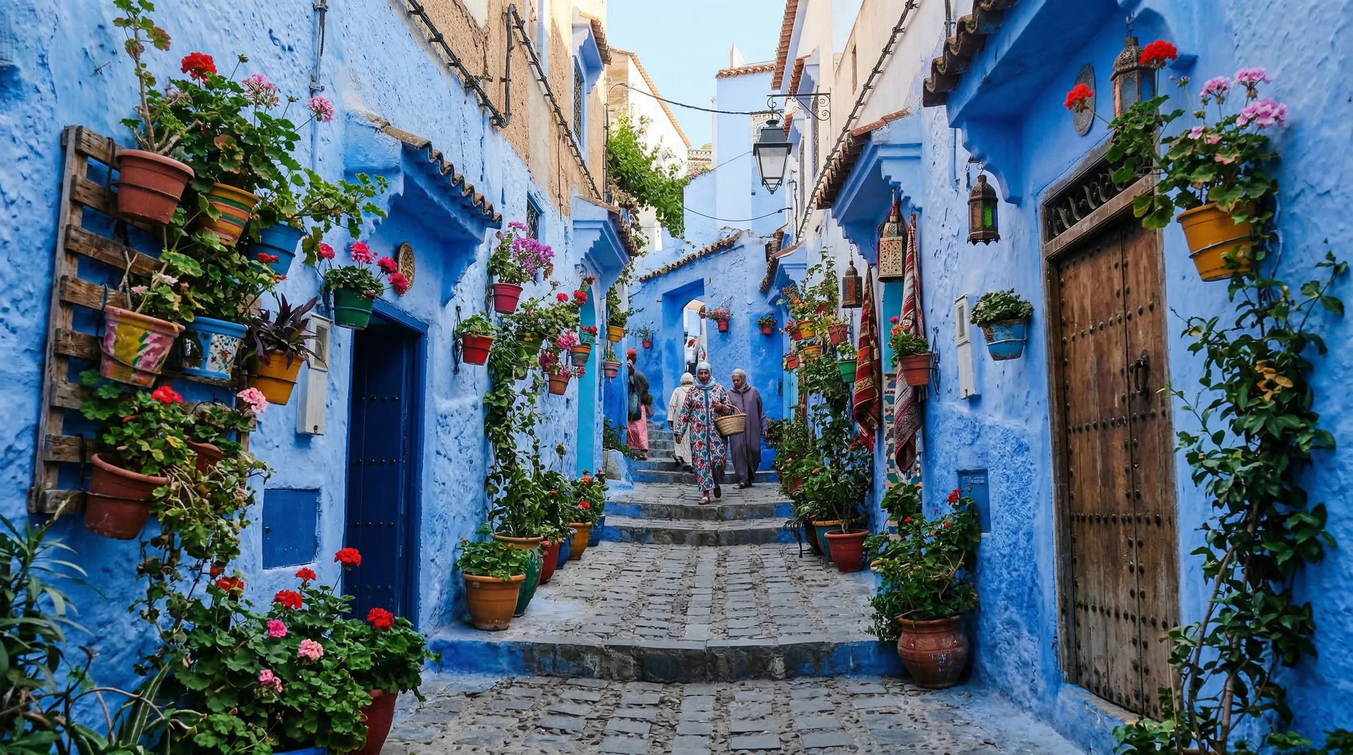Blue medina streets of Chefchaouen at evening with warm light